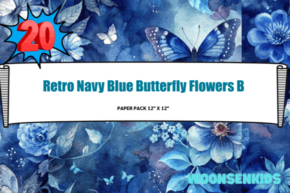 Download New Retro Navy Blue Butterfly Flowers Background Watercolor Png Kdp Digital Paper - Flowers Collection