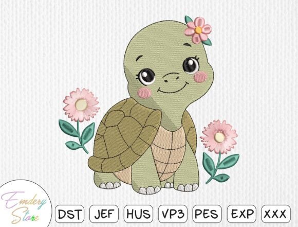Download Cute Turtle with Flowers Embroidery File - Flowers Collection