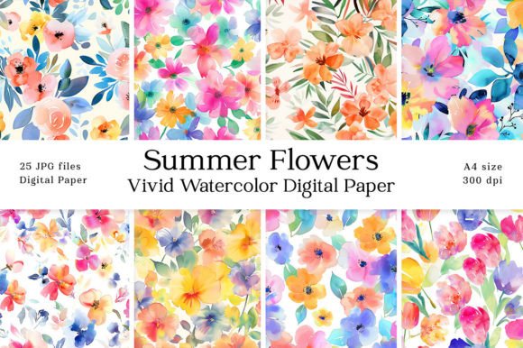 Download Summer Flowers Watercolor Digital Paper - Flowers Collection