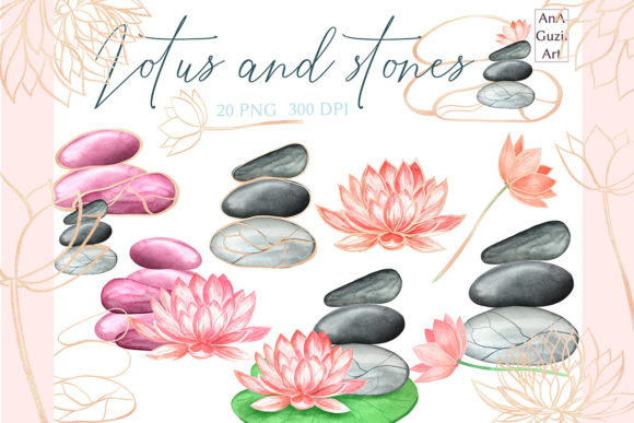 Download Lotus Flowers and Stones, Watercolor. - Flowers Collection