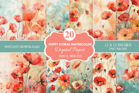 Download Poppy Floral Watercolor Digital Paper - Watercolor digital paper Collection